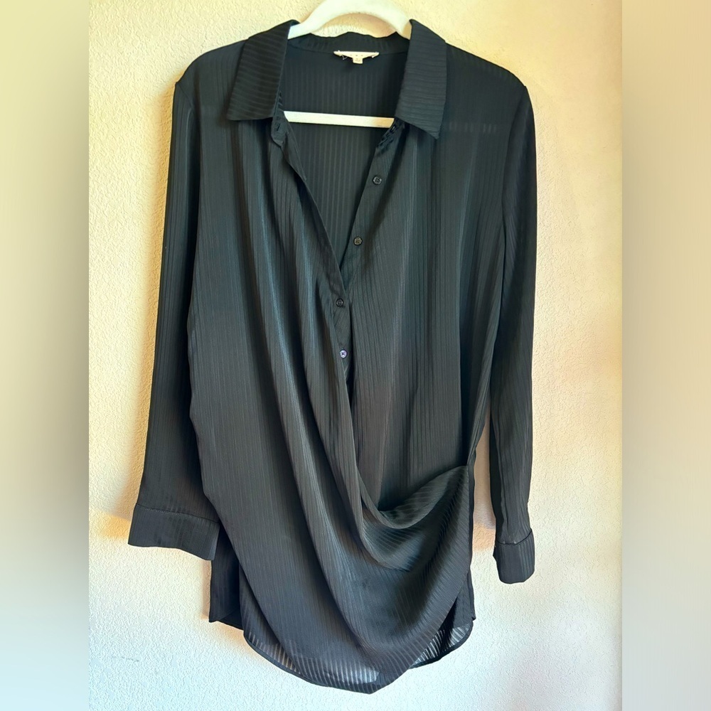 Promesa Satin Stripe Collared Button Down Drape Asymmetrical Hem Blouse S